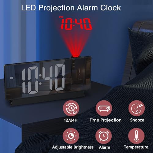 LOFICOPER Projection Alarm Clock, 7.8" Mirror Digital Clock with 180° Rotatable Projector, 4-Level Brightness, Snooze, 12/24H, USB Charging, Desk Clock for Home Bedroom Decor Office - Image 2