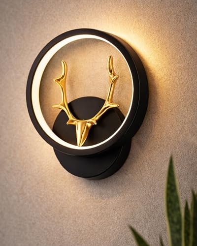 Image of Homesake LED Wall Lamp for Living Room Bedroom, Modern Golden Deer Decorative Wall Light, Warm White Indoor Designer Home Decor Light, Stag Face, Circular Frame, (Black, Round)