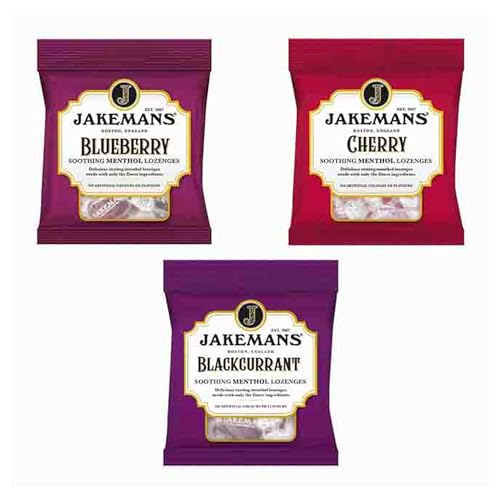 Jakemans Fruit Cough Drops Assortment 3-Pack - Blackcurrant, Blueberry & Cherry Flavours,Soothing Relief for Coughs, Dry Throats & Sore Throats, Voice Care Repair, Natural Menthol Lozenges