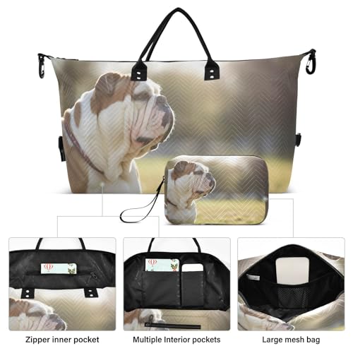 Large Travel Duffel Bag, Pug Puppy Grass Sunlight Sport Tote Gym Bag, Shoulder Weekender Overnight Bag for Women Men, Carry On Luggage with Toiletry Bag2