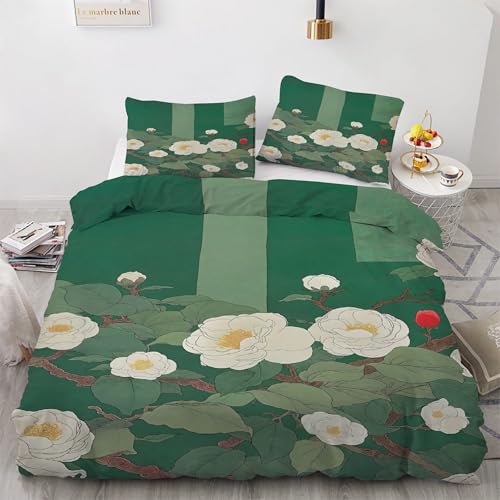 Housse de couette 160x200 fleurs blanches avec 2 taies d'oreiller microfibre