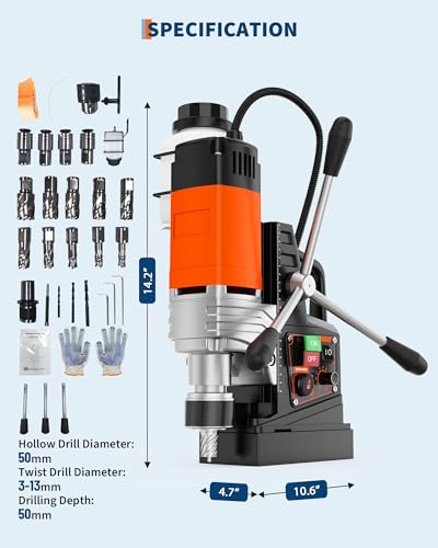 Image of Magnetic Drill, 1850W 2 inch Boring Diameter, 2922Lbf Power Portable Magnetic Drill, 810 PRM, 10-Speed,with 10Pcs Bits 3Pcs Twist and 1Pcs Plastic Box for Metal Surface, Industrial