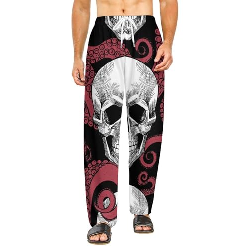 Bas de pyjama long femme rouge stretch avec poches fonctionnelles imprimé crâne de pieuvre