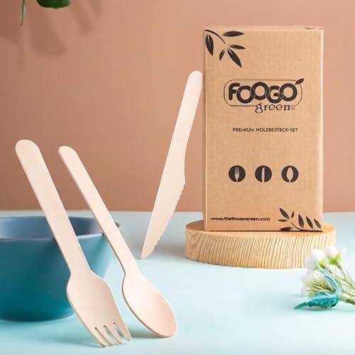 FOOGO Green 150-teiliges Einweg-Holzbesteck-Set, 50x Gabeln, 50x Löffel, 50x Messer, 16 cm, biologisch abbaubar, kompostierbar, umweltfreundliches Besteckset, Party-Picknick