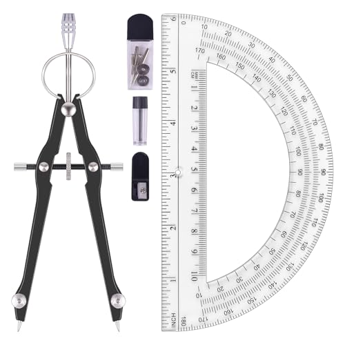 Unjoo Compass and Protractor Set, Professional Drawing Compass Tool, Metal Compass with Extra Refills, Compass for Geometry and 6 Inch Math Protractors 180 Degree (Black)