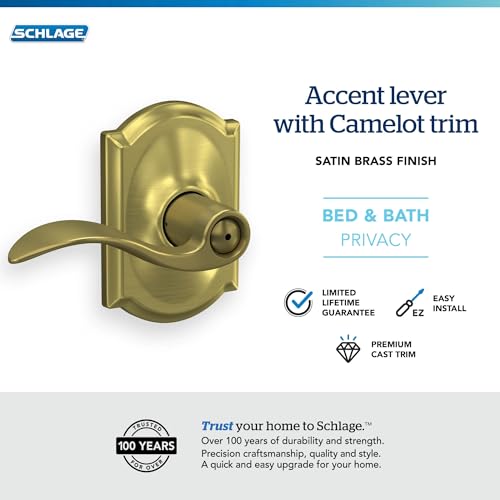 Image of SCHLAGE Accent Lever with Camelot Trim Bed and Bath Lock in Satin Brass - F40 ACC 608 CAM