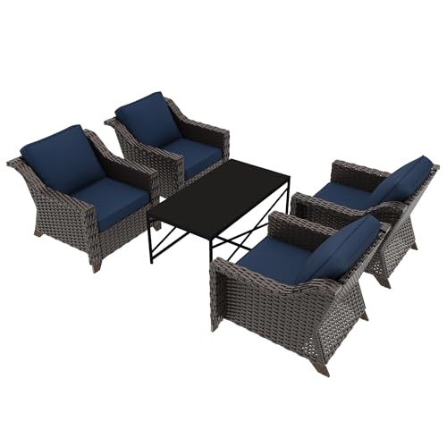 Image of 5 Pieces Outdoor Conversation Furniture Set - 4 PE Rattan Armchairs, 1 Metal Coffee Table, Patio Wicker Furniture Set with Water-Resistant Cushions for Swimming Pool, Sunroom (Navy Blue) | Patio Chair Set with Olefin Removable Cushion, All-Weather Armchair Set with Deep Seat for Porch, Deck and Backyard, Blue