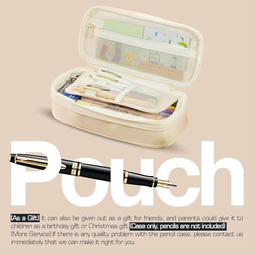 Image of Mrsdry Nylon Large Capacity Pencil Pouch, Durable Storage Multiple Compartment Double Zipper Portable Capacity Pencil Box for Kids College Student Teen, 22X11Cm (Beige)