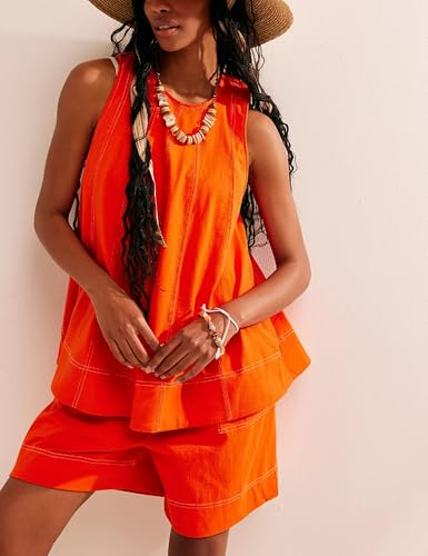Image of Women 2 Piece Outfits Flowy Sleeveless Tunic Tops Loose Shorts with Pockets Tracksuit Summer Lounge Matching Set 2025