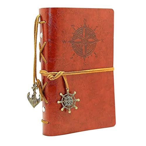 HRYSPN Cuaderno retro, libreta cuero, A6 diario de Viaje, PU Cuaderno Agenda, Bloc de Notas, Pirata Náutico Revista Timón de Cuerda.(130x185mm, Marrón)