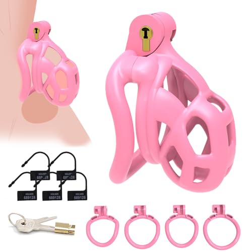 GKLWEJ Gabbia per pene, gabbia per pene con 4 anelli per il pene e serratura, cintura di castità per uomo,pink,XS