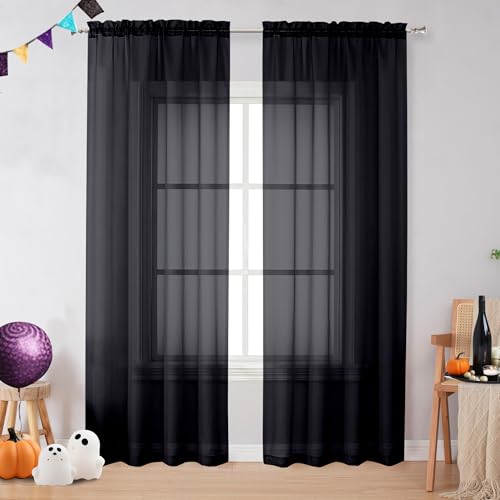 Image of OVZME Black Sheer Curtains 78 Inches Long 2 Panels - Soft Light Filtering Window Sheer Panels for Living Room /Bedroom, Top Dual Rod Pocket, 1 Pair, Each 42Wx78L Inches