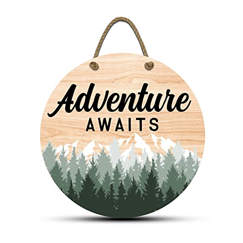 Image of Adventure Awaits Hanging Wall Sign, 12" Wood Round, Green Trees Natural Wood Background, Rustic Home Decor, Woodland Baby Shower Decorations,Hickory Hollow Designs (Adventure Awaits (Natural))