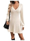 BEAUDRM Women's Cable Knit Sweater Dress V Neck Sweater Mini Dress Long Sleeve A Line Short Dresses Ruffle Hem Dress Knitwear Apricot Medium