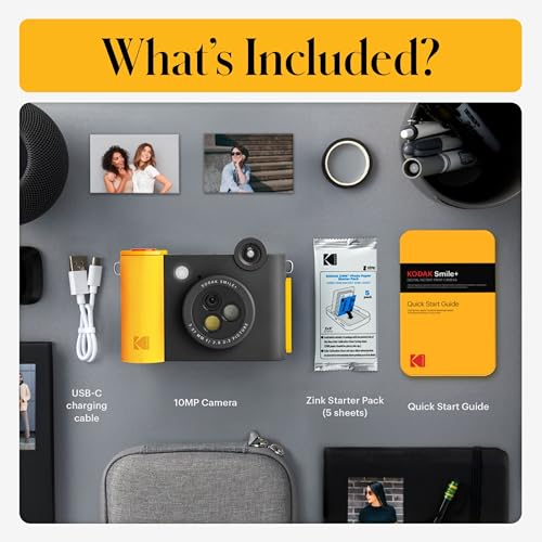 Image of Kodak Smile+ 2-in-1 Digital Instant Print Camera & Photo Printer Gift Bundle + Case + Zink 2x3 Sticky Back Photo Paper 20pk + Album + Sticker Sets + Sticker Frames + Hanging Frames + Markers - Black