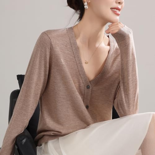 Image of Women's 100% Merino Wool Lightweight V-Neck Cardigan Sweater Button Down Long Sleeve Knitwear Outwear Tops