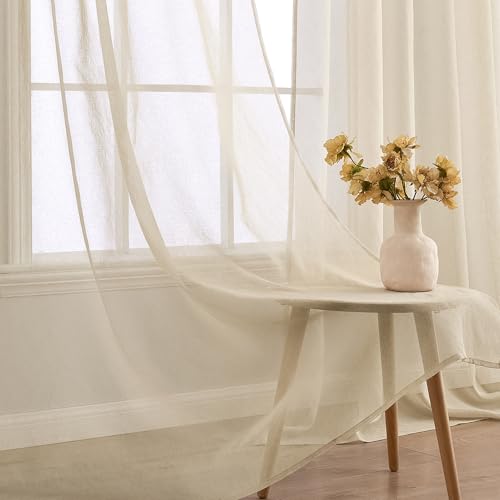 EMEMA Voile Sheer Curtains with Ribbon for Curling Transparent Polyester Scarf Goggle Scarf Decorative Airy for Bedroom 2 Pieces 140 x 215 cm Light Khaki - Image 4