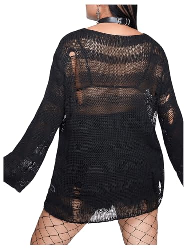 SHENHE Women's Plus Size Ripped See Through Bell Sleeve Sexy Grunge Distressed Sweater Pullover2