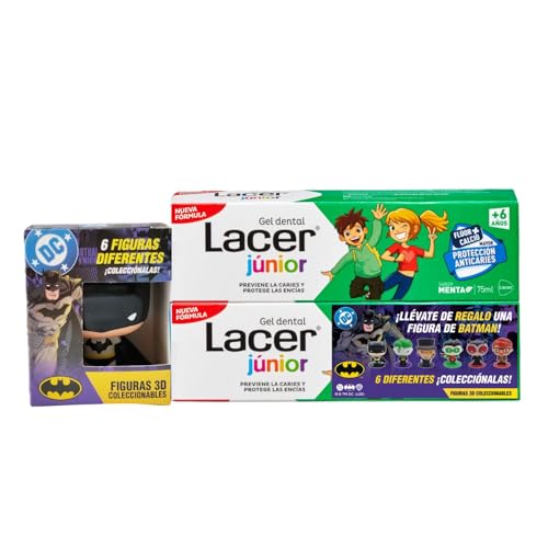 LACER JUNIOR - Pack 2 x 75 ml Gel Dental Sabor Menta con una de las Figuras de Batman, para Niños de +6 años, Sabor a Menta, Previene la Caries, Fórmula de Flúor Más Calcio, Cuida los Dientes de Leche