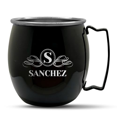 Personalized Custom Smooth Finish Black Moscow Mule Mugs with Ribbon Initial Family Name Monogram Engraved Bar Style Cup, 16 oz | Single