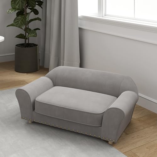 PawHut Hundesofa für kleine Hunde, Hundebett mit abnehmbarem und waschbarem Kissen, Haustiersofa mit Nietendekoration, 10 kg, Grau