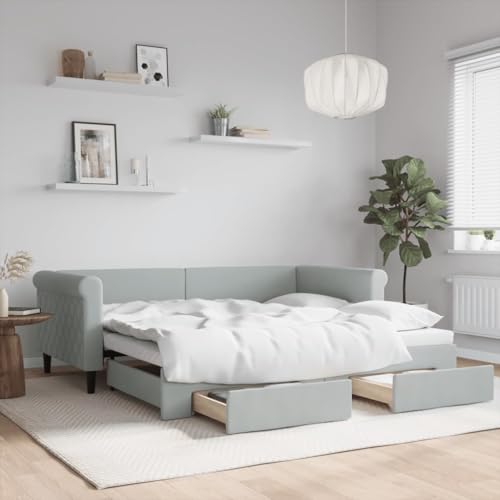 Teenpull Cama de día extensible de 90 x 190 cm, sofá cama de terciopelo gris claro, versátil cama de invitados con espacio de almacenamiento, cajones, estructura de cama robusta pieza de mobiliario