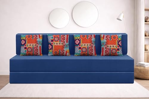 Image of Rosebell 4 Seater Foldable Sofa Cum Bed (6x6 Feet) Jute Fabric, Washable Removable Cover | Space Saving Convertible Sofa Bed for Home, Office & Guests - Blue