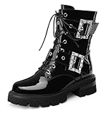 Perisis Women's Black Patent Leather Platform Lug Sole Low Chunky Heel Short Combat Boots Lace Up Buckles Zipper Fashion Ankle Booties(black,7)