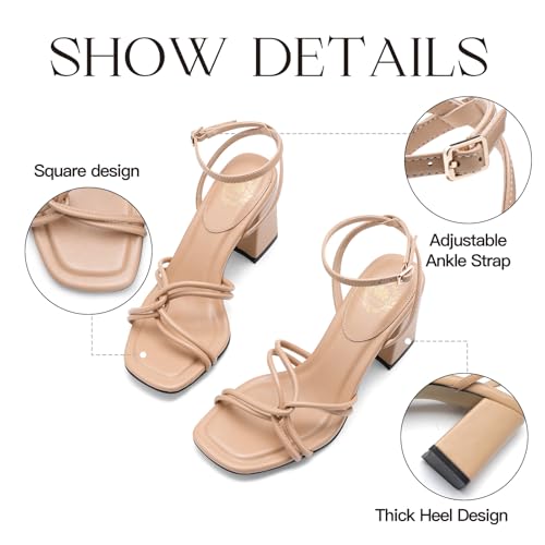 Image of Pasuot Strappy Heels for Women - Open Square Toe Chunky Heeled Sandals Block Heel Ankle Buckle Strap Dress Shoes for Prom Party Wedding Black White Nude