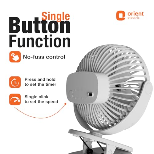 Image of Orient Electric Orbis Rechargeable Personal Fan | 360 Rotation | 1800 mAh Battery | 4 Speed Modes with Timer | Quiet Operation | USB Type-C Charging | Clip-On Mini Fan | Cloud White