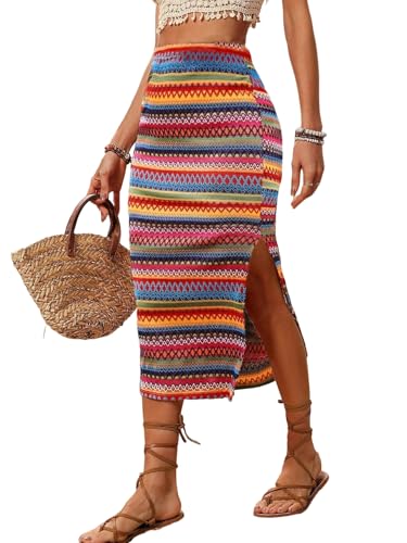 EARKOHA 2025 Skirts for Women Women Holiday Metric Printed Side Slit Skirt with Asymmetrical Hem for New Year Clothes Vacation Beach Outfit Red L