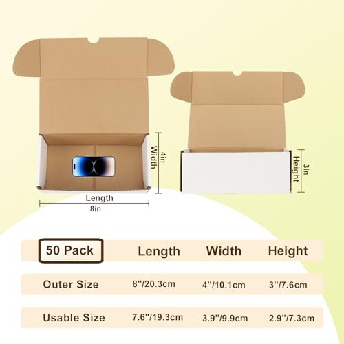 Image of WIFTREY 50 Pack 8x4x3 Small Shipping Boxes for Packing Small Business, White Corrugated Cardboard mailing Box for Shipping