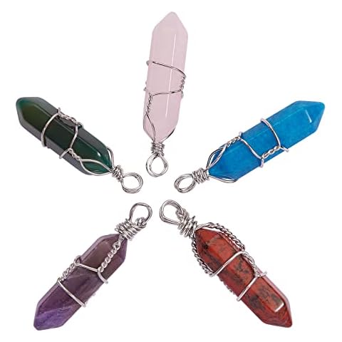 BEEFLYING 5 Pieces Natural Gemstone Bullet Charms Pendants Wire Wrapped Crystal Pendant for Necklaces Bracelets Earrings Jewelry Making Cover