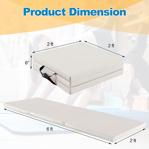 Goplus Folding Gymnastics Mat, Tri-fold 6’ x 2’ x 2’’ Tumbling Exercise Gym Mat with PU Leather Cover, Hook & Loop Fastener & Carrying Handles for Yoga Stretching Cheerleading Martial Arts (Grey)