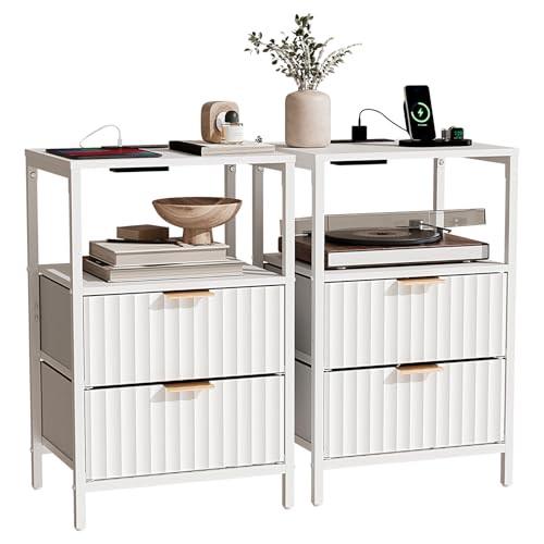Image of Bonnlo Fluted Nightstand Set of 2, Fabric Dresser with 2 Drawers and 1 Shelf, Bedside Table /End Table with Charging Station, Nightstand for Bedroom, Livingroom, College Dorm, White