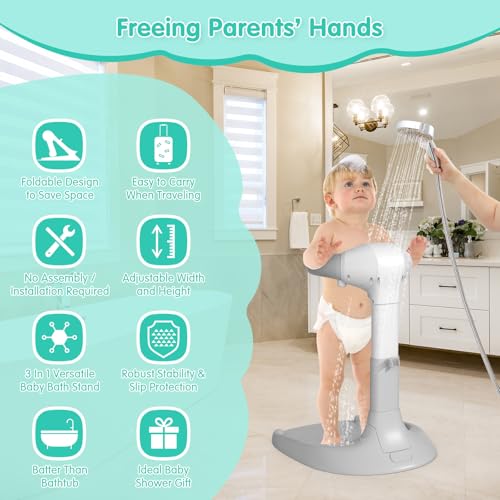 Image of One Piece No Assembly /Installation Baby Shower Stand with Anti-Slip Base and Shower Holder, Foldable Baby Bath Standing Support for Boy /Girl, Adjustable Toddler Stand Up Bath for 6-36 Months, Gray