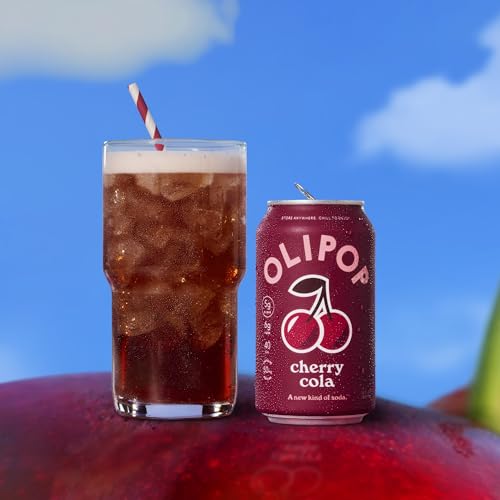 Image of OLIPOP Prebiotic Soda Pop, Cherry Cola, Pantry Pack Packed with Prebiotics, Fiber, and Botanicals, Gluten Free, GMO Free, 12oz (12-Cans) (Packaging May Vary)