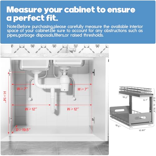 Image of Under Sink Organizer Upgrade To Professional Rails,2-Tier Dual Pull Out Cabinet Storage,Height Adjustable Slide Out Drawers For Bathroom Kitchen,2 Pack-18.5 inchDx12.8 inch-16.9 inchH,Gun Gray