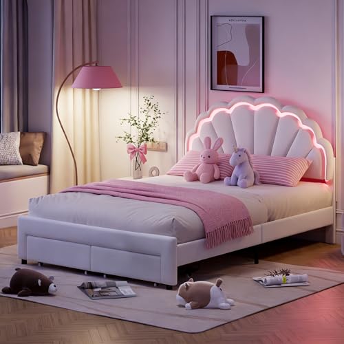 BRILVERDE Lit Fille 140x200 cm Rembourré en Velours avec 2 Tiroirs, Tête de Lit Coquillage avec LED Réglable, Sommier à Lattes Inclus, Lit Enfant et Ado