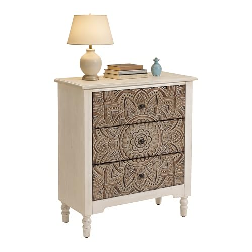 Image of SUNBURY Vintage Wooden Nightstand with 3 Drawers, Wood Accent Table, Elegant Bedside Table Dresser for Bedroom, Living Room (Lotus)