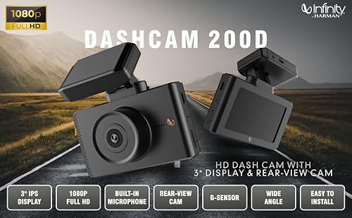 Image of Infinity By Harman Dashcam 200D Dual HD Car Camera | 1080p Full HD Video & 3 inch IPS Display | Includes Rear-View Cam,| Built-in Microphone| Loop Recording, Supports SD Card (Black)