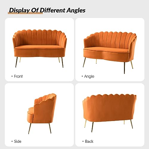 Image of HULALA HOME Modern Velvet Loveseat Sofa with Flower Shaped Back, Comfy Upholstered 2-Seater Sofa with Gold Metal Legs, Small Love Seat Accent Couch for Living Bedroom Leisure Areas, Orange