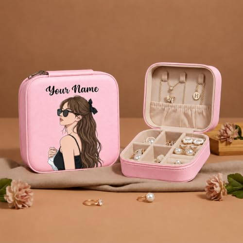 Image of PRIMIT Personalized Jewelry Box with Name & Birth Flower - Custom Travel Jewelry Organizer Case - Bridesmaid, Birthday, Christmas Gift for Women & Girls (Glam Muse)