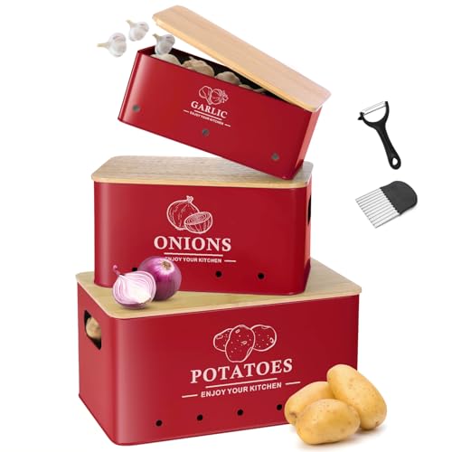 Dekosilave Kitchen Vegetable Storage Set of 3, Metal Onion Garlic