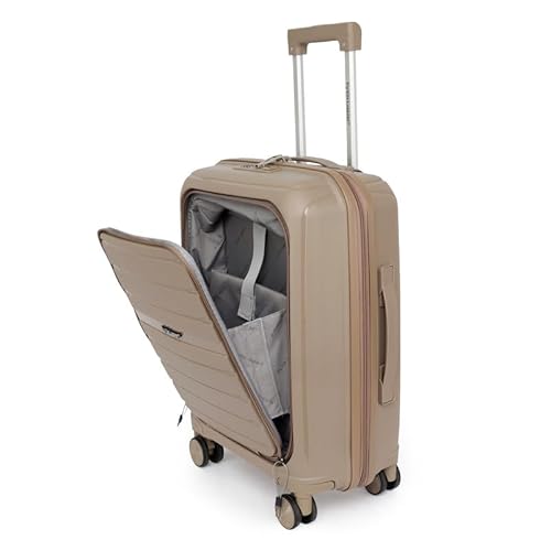 Fly Kite Luggage Carry On Cabin Suitcase 55 x 38 x 22 cm, 20 inch - 100% Polypropylene Hard Shell Aluminium Trolley Handle Real TSA Secure Lock 3 Digit 360° Smooth Wheels Lightweight Khaki