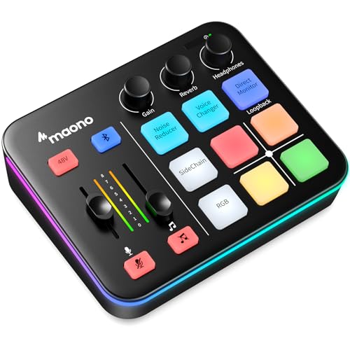 MAONO Gaming Audio Podcast Mixer, Streaming RGB PC Mixer with XLR Microphone Interface, Bluetooth, Volume Fader, Mute Button, 48V Phantom Power, for Podcast/Recording/Vocal/Game Voice-G1 NEO, Black