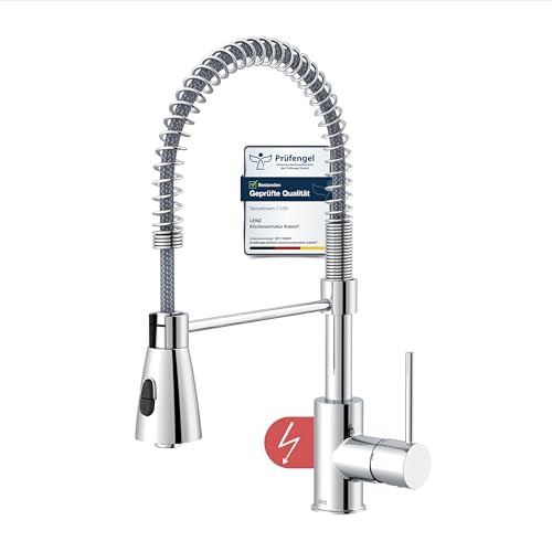 Lenz NIEDERDRUCK Küchenarmatur KALANI² in Chrom – Flexible Geschirrbrause mit 2 Strahlarten – Nickelfreie Wasserwege – Für drucklose Untertischgeräte oder Boiler – Höhe 46 cm – 46070402