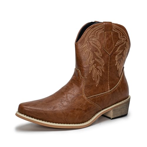 Women's Western Cowboy Boots Cowgirl Boots Classic Pointed Toe Chunky Heel Mid Calf Ankle Boots LightBrowm UK 6.5