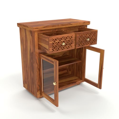 Image of Solid Sheesham Wood Sideboard Cabinet for Living Room | Wooden Storage Cabinet with 2 Acrylic Glass Doors & 2 Carved Drawers | Modern Display Sideboard for Home (Honey Finish)