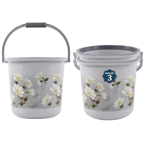 Image of Kuber Industries 3 Pcs Plastic 18 Ltr Bucket for Bathroom | Sturdy and Easy Grip Handle | Big Bucket for Bathing | Water Storage Bucket for Home | Bathroom Bucket Shower | Floral Print - Grey